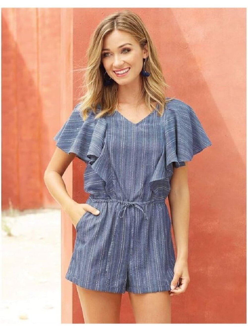 Mud Pie women L blue woven cotton Isla Romper NWT ruffle waterfall jumpsuit